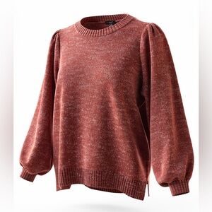 Ann Taylor Cotton Mix Brick Red Crew‎ Neck Puff Sleeve Sweater